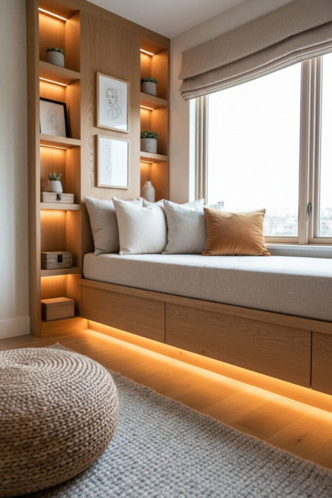 Minimal oak window seat with greige cushion, neutral textured pillows, warm LED shelf lighting, and soft daylight, a serene example of Bedroom Nook Ideas and clean-lined bedroom window seat nook ideas.