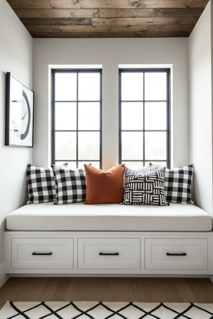 Modern built-in bench with white drawers, check-patterned pillows, burnt orange bouclé accent, black-framed windows, and geometric rug, a crisp, graphic take on Bedroom Nook Ideas and contemporary window seat ideas.
