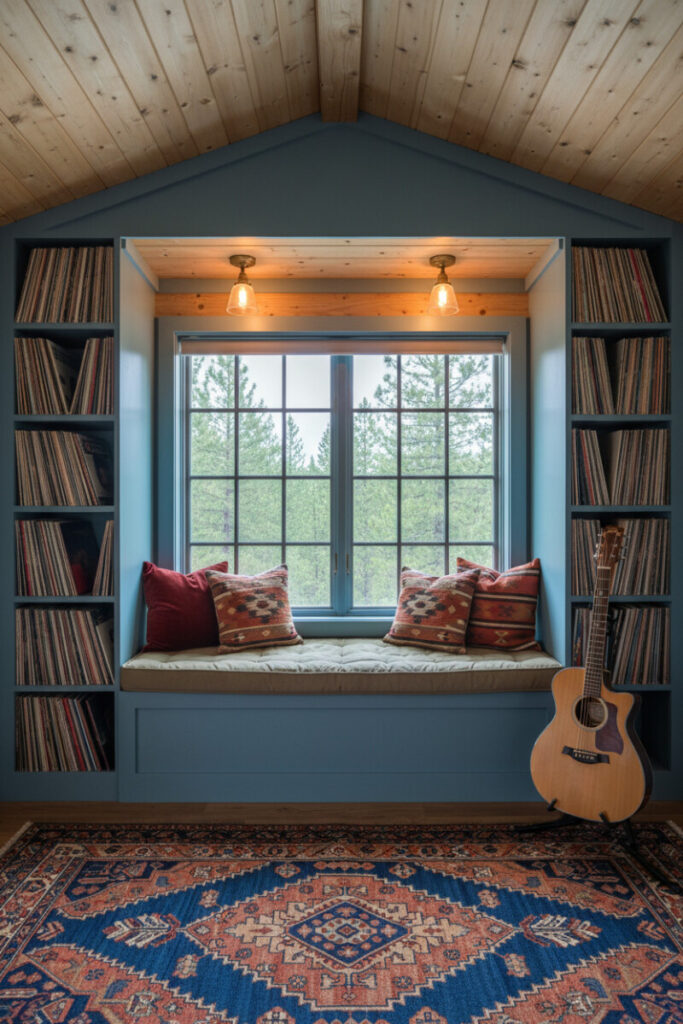 Music-themed window bench with dusty blue built-ins, vinyl-filled shelves, khaki cushion, tribal pillows, and acoustic guitar, a creative twist on Bedroom Nook Ideas and ideal for small bedroom nook ideas.