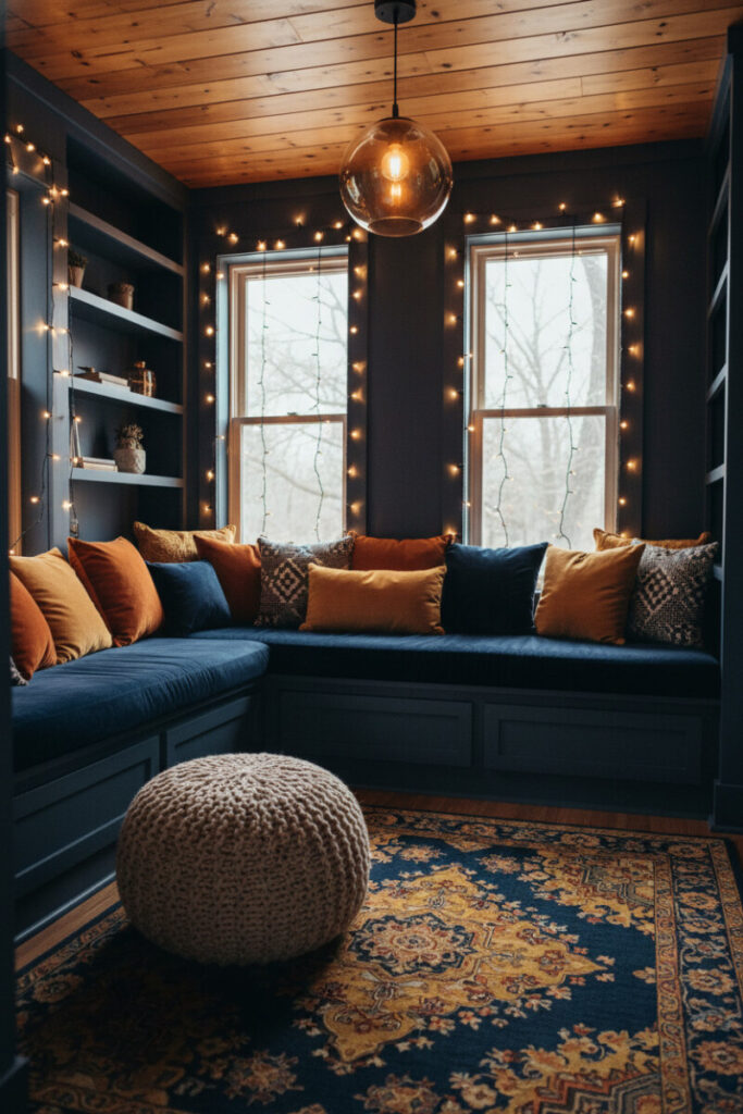 Deep navy built-in L-shaped bench with velvet cushions, burnt orange and mustard pillows, fairy lights, and vintage rug, an atmospheric Night Nook that doubles as an ultra-cozy reading nook.