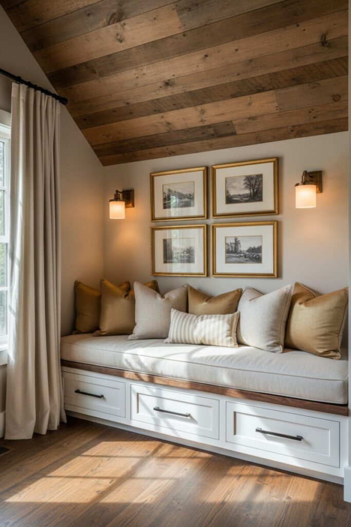 White bench beneath a curated gold-framed photo gallery, warm sconces, reclaimed wood ceiling, and sunlight on a neutral cushion, a refined interpretation of Bedroom Nook Ideas for display lovers.