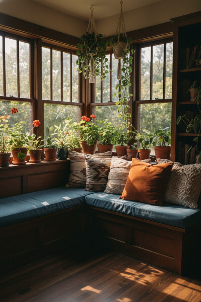 L-shaped window seat with slate-blue cushion, boho pillows, and lush plants overflowing the sill and hanging above, glowing in golden hour light, a true plant lover’s cozy reading nook and dreamy bedroom window seat nook ideas.