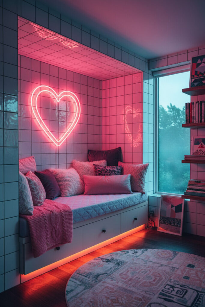 Neon-lit alcove with lilac quilted daybed, pink knit and faux fur pillows, under-bench LED glow, and tiled walls, a playful corner that’s ideal for bold small bedroom nook ideas.