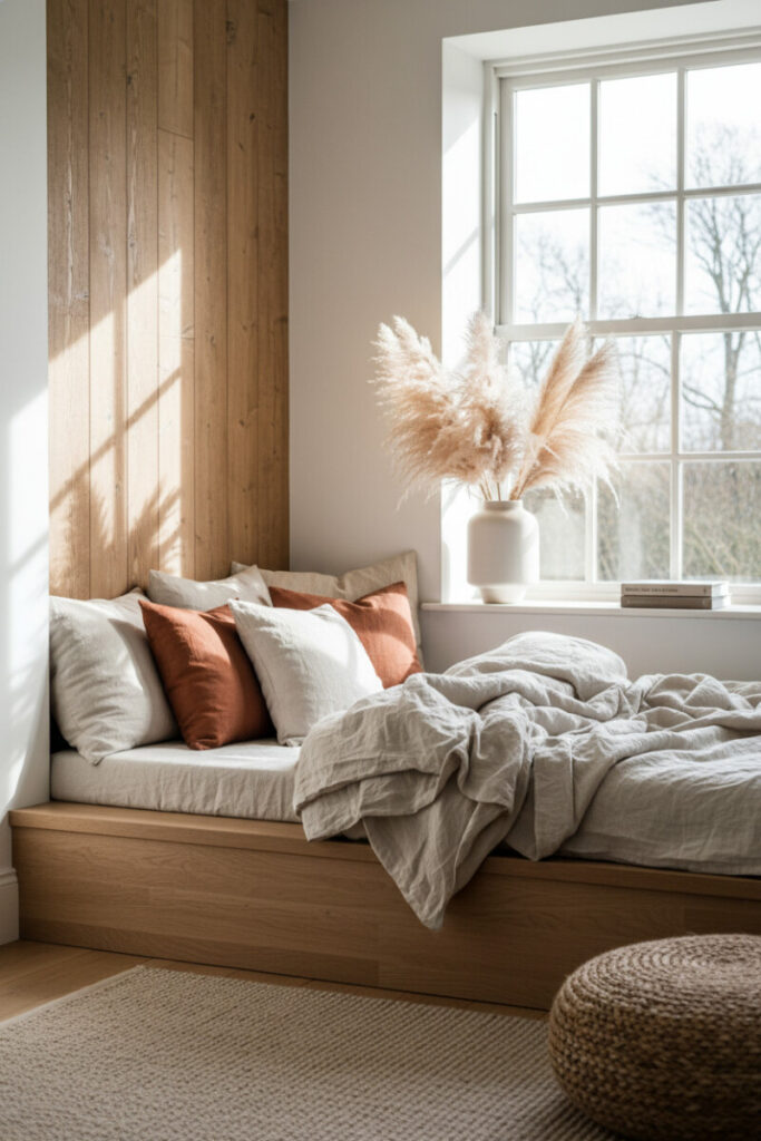 Low Scandi platform daybed in light wood with crumpled neutral linen, rust accent pillows, sisal rug, and jute pouf, a serene Bedroom Nook Ideas reference and effortlessly chic cozy reading nook.