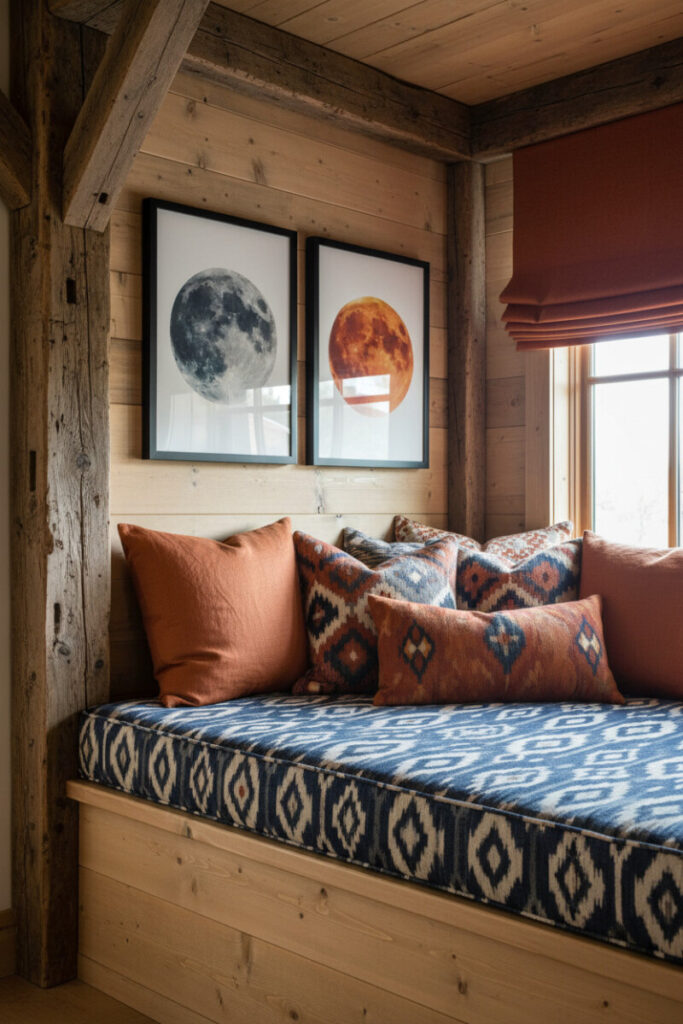 Built-in pine window seat with ikat cushion, bold terracotta pillows, celestial artwork, and rust Roman shade, a colorful twist on Bedroom Nook Ideas and modern window seat ideas.