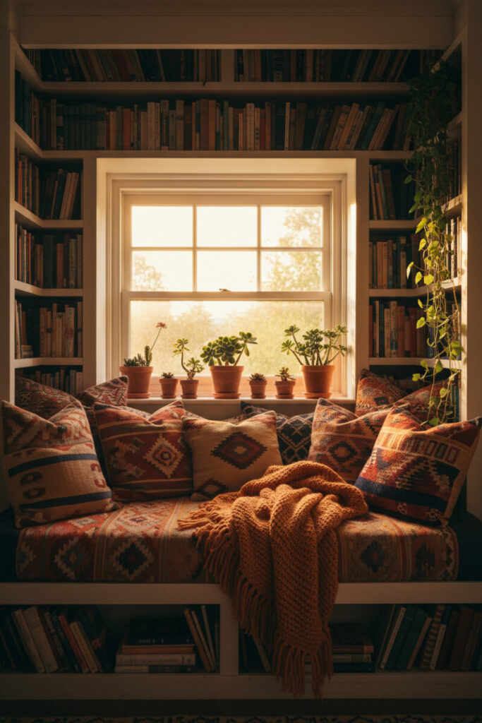 Built-in reading bench framed by book-filled shelves, kilim pillows in rich sunset tones, chunky knit throw, and terracotta succulents on the glowing windowsill, a warm, bohemian example of Bedroom Nook Ideas and saturated bedroom window seat nook ideas.