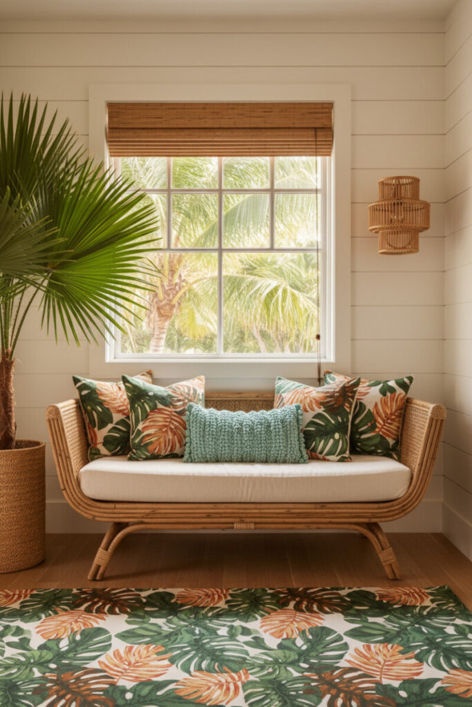 Curved rattan daybed with tropical leaf print cushions, aqua knit pillow, bamboo blind, palm plant, and shiplap walls, a vacation-inspired corner that embodies sunny Bedroom Nook Ideas.