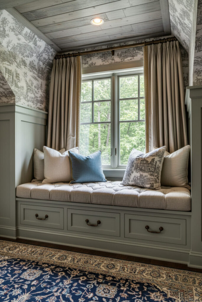 Tufted taupe window bench with sage-gray drawers, toile and slate-blue pillows, toile wallpaper, and elegant drapery, a classic, refined cozy reading nook and sophisticated example of bedroom window seat nook ideas and traditional window seat ideas.