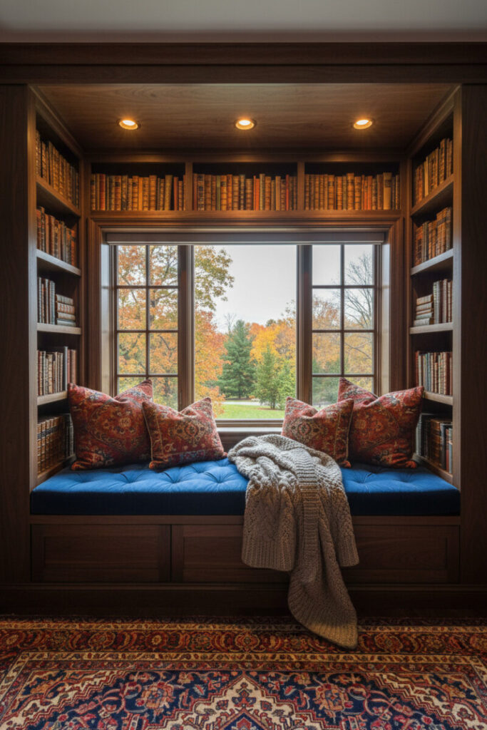 Sapphire velvet window bench flanked by dark walnut bookshelves, embroidered pillows, chunky knit throw, and warm spotlights, a moody library-style cozy reading nook and rich inspiration for traditional Bedroom Nook Ideas and bedroom window seat nook ideas.