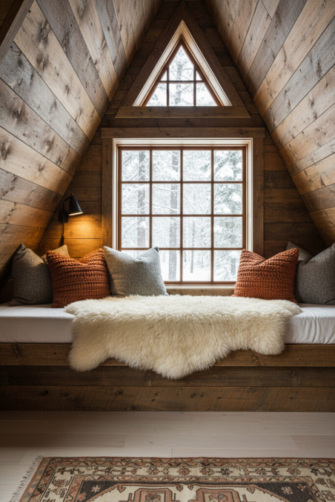 Rustic cabin window bench with reclaimed wood walls, white cushion, sheepskin throw, and burnt orange pillows overlooking snowy pines, a hygge-inspired cozy reading nook and one of the coziest bedroom window seat nook ideas.