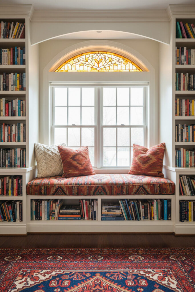 Recessed window seat framed by white bookshelves, kilim cushion, cable-knit pillows, and stained-glass transom, a vibrant library-style cozy reading nook and standout option in Bedroom Nook Ideas and window seat ideas.