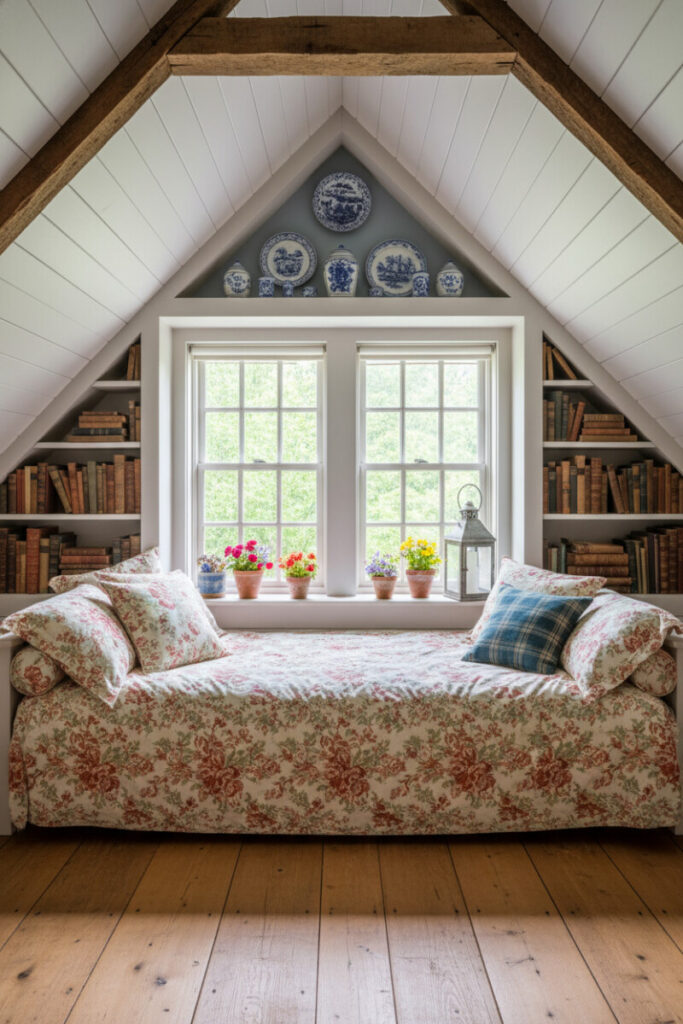 Attic dormer window seat in floral chintz, layered with paisley and tartan pillows, antique bookshelves, and cottage decor, a romantic cozy reading nook and timeless inspiration for bedroom window seat nook ideas.
