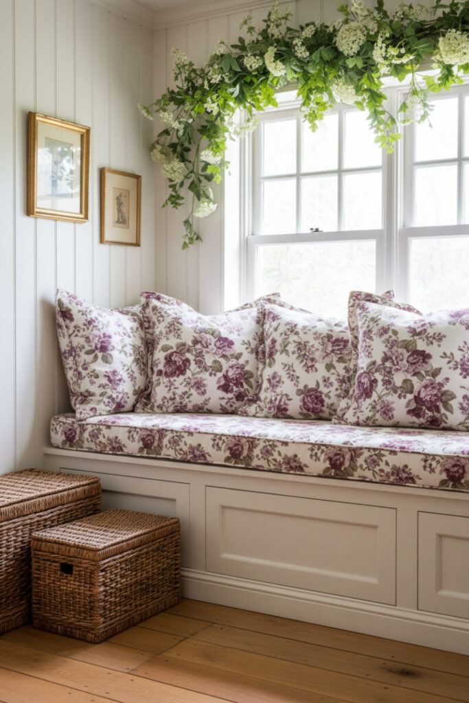 Country window seat with creamy shiplap, mauve floral cushions, trailing greenery, and wicker baskets on wood floors, a charming take on Bedroom Nook Ideas and perfect for small bedroom nook ideas.