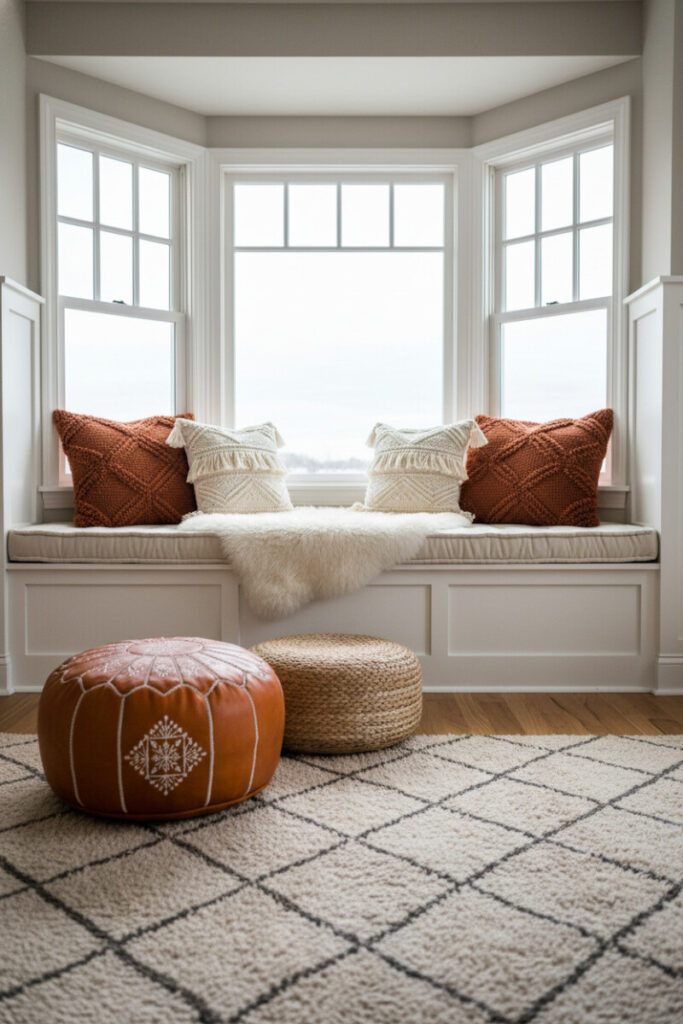 Bay window tufted bench with ivory cushion, terracotta knit pillows, sheepskin throw, Moroccan pouf, and jute ottoman, a hygge-inspired cozy reading nook and one of the most inviting window seat ideas.