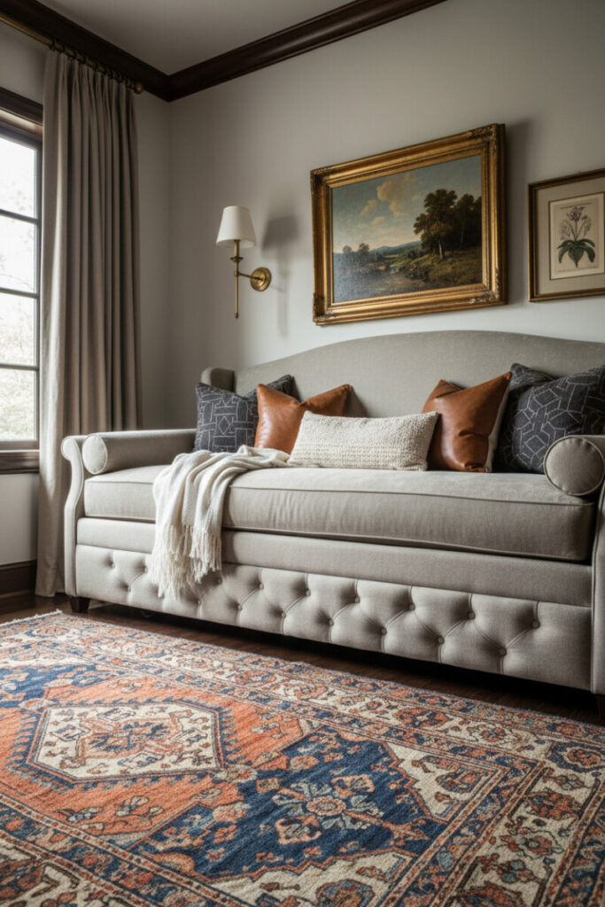 High-backed tufted daybed in pale greige linen with cognac and charcoal pillows, brass sconce, and dramatic rug, a moody corner that showcases refined Bedroom Nook Ideas for a sophisticated cozy reading nook.