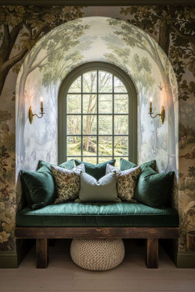 Arched bedroom alcove with emerald velvet window seat, forest mural walls, botanical pillows, and brass candle sconces, a magical hideaway and lush example of bedroom window seat nook ideas.