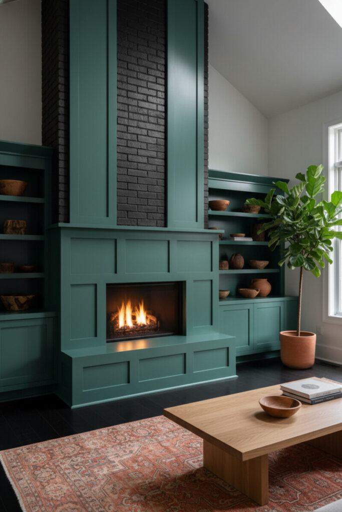 Deep teal shaker millwork framing a textured charcoal chimney, modern insert blazing, rustic pottery on shelves, vintage Persian rug, light oak coffee table, and large Fiddle Leaf Fig.