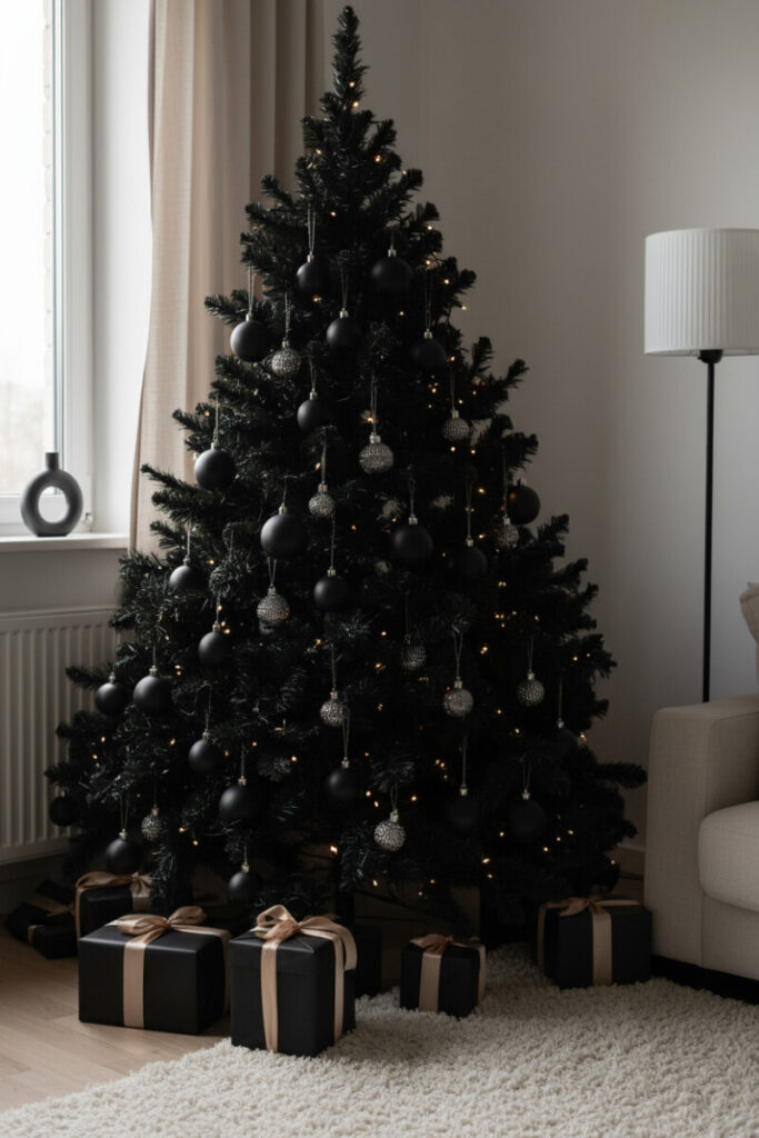 Minimal black tree featuring matte black spheres and silver glitter globes over an ivory rug—clean modern Christmas tree decor.