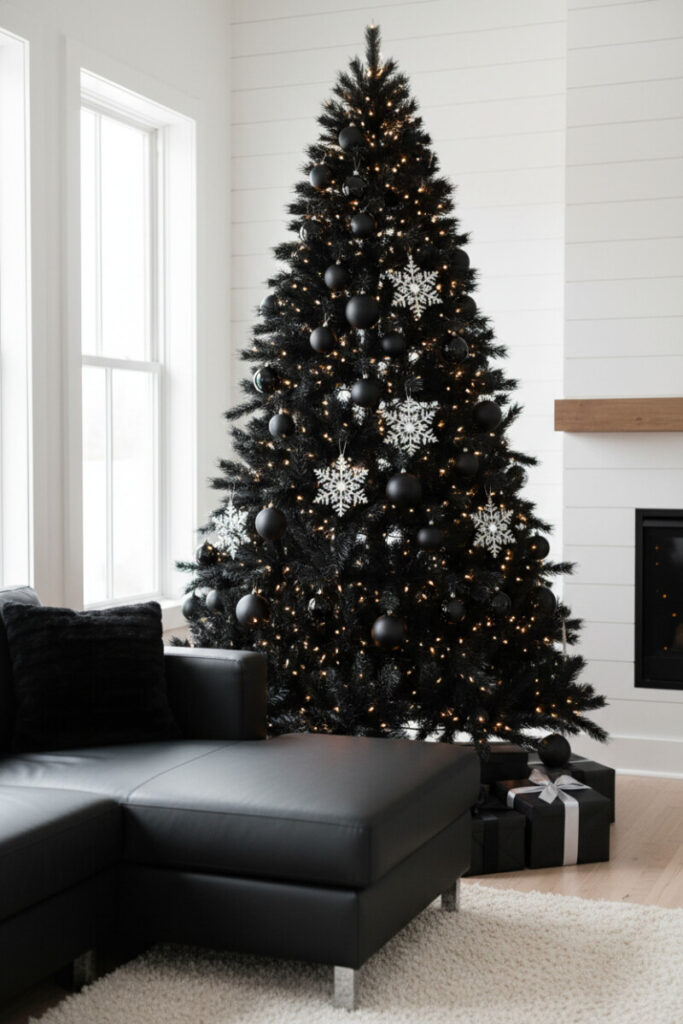 Monochrome black tree with ornate silver snowflakes, speckled silver baubles, and warm micro LEDs—crisp Black Christmas Tree Decorations for winter magic.