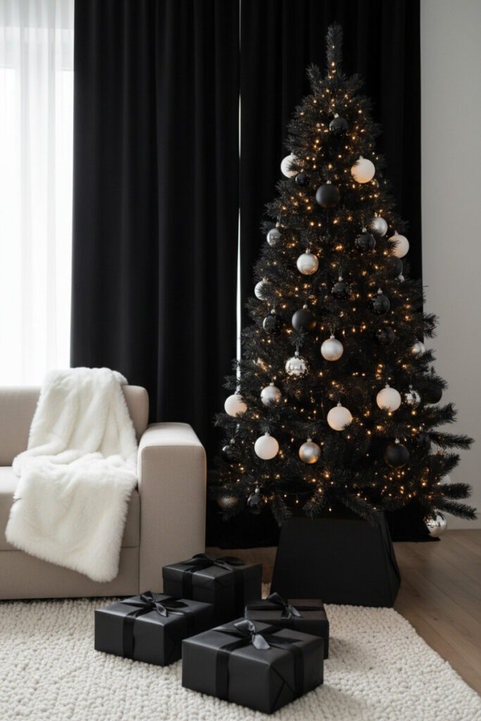 Black tree layered with matte white ornaments, deep-black mirrored baubles, and warm fairy lights—classic Black Christmas Tree Decorations with monochrome elegance.