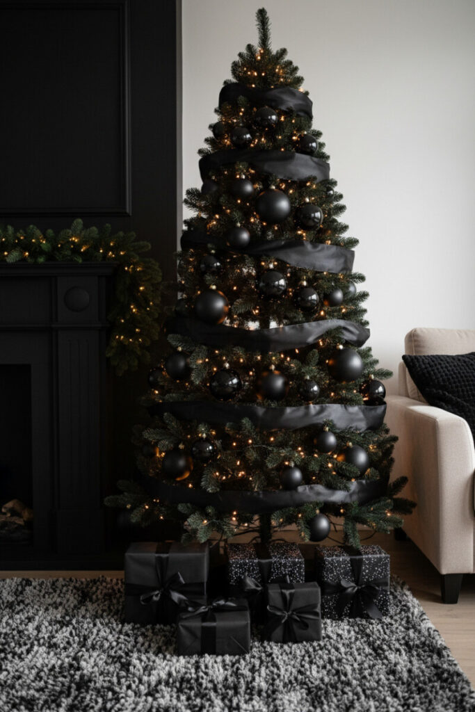 Desaturated dark pine wrapped in wide matte-black satin ribbons with all-black ornaments and gifts—architectural modern Christmas tree decor.