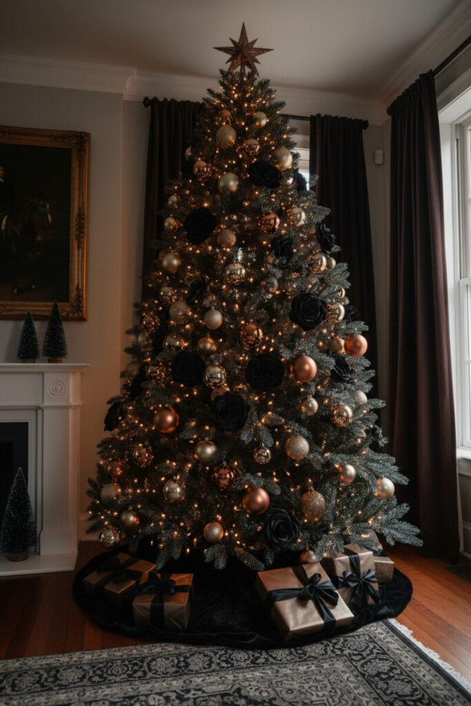 Gothic corner scene with a black tree studded with jet-black velvet roses, obsidian globes, tarnished bronze baubles, and amber lights—true gothic black Christmas tree decorations.