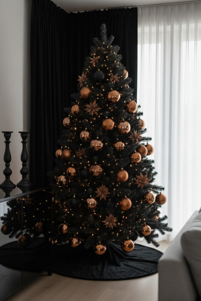 Matte-black tree layered with rose gold, copper, bronze, and champagne metallics over a black velvet skirt—statement modern Christmas tree decor.
