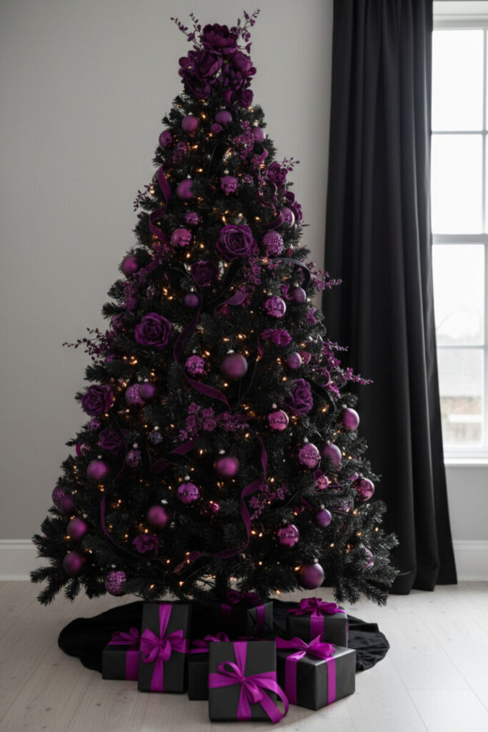 Black tree with royal purple glass ornaments, fabric roses, and cascading satin ribbons, minimal warm lights—opulent gothic black Christmas tree decorations.