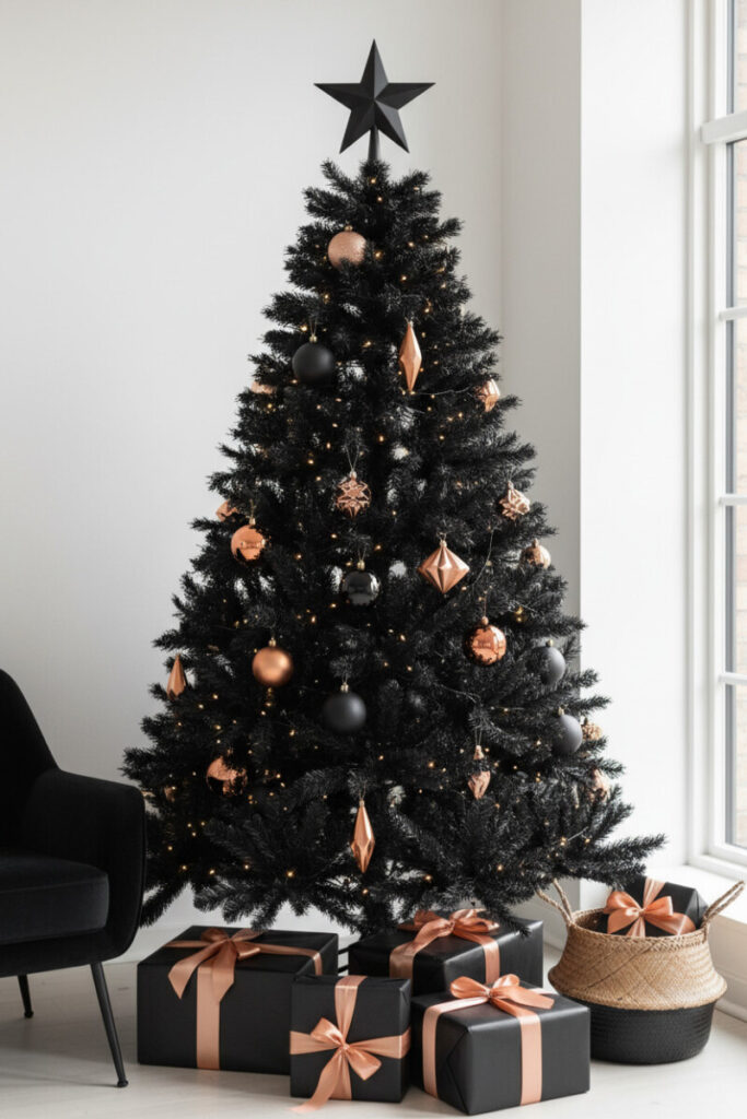 Industrial-chic matte-black tree with polished copper geometric ornaments and matte black baubles near a white wall—sleek modern Christmas tree decor.