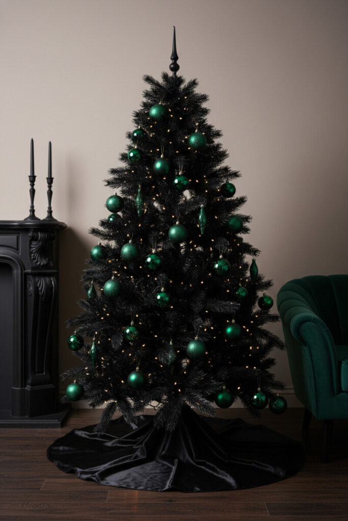 Dense black tree covered in emerald green glass ornaments, black velvet skirt, and dark mantel—timeless luxury black Christmas tree decorations.