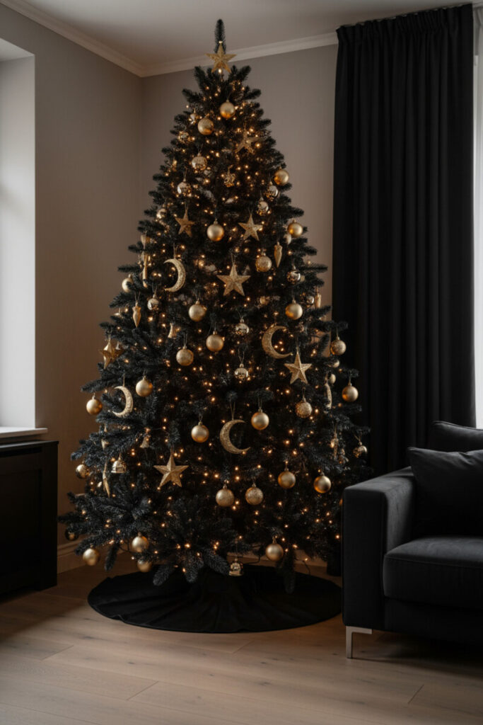 Matte-black tree with gold stars, crescent moons, and amber lights—celestial Black Christmas Tree Decorations glowing in a dim interior.