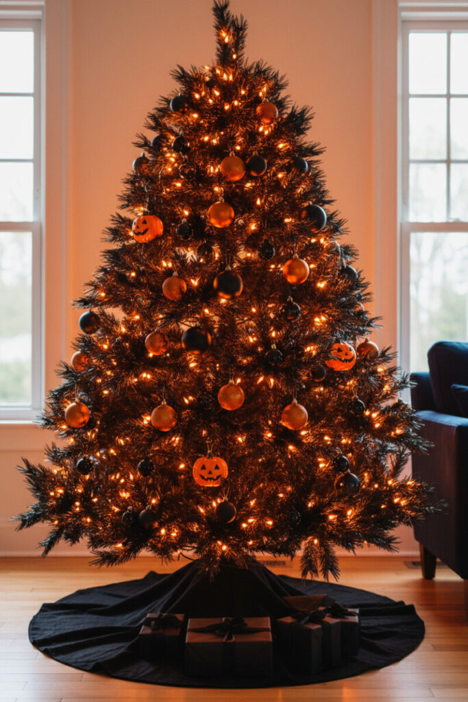 Wide black tree glowing with hundreds of amber lights, metallic orange baubles, and jack-o’-lantern ornaments—festive black Christmas tree ideas for Halloween-to-holiday.