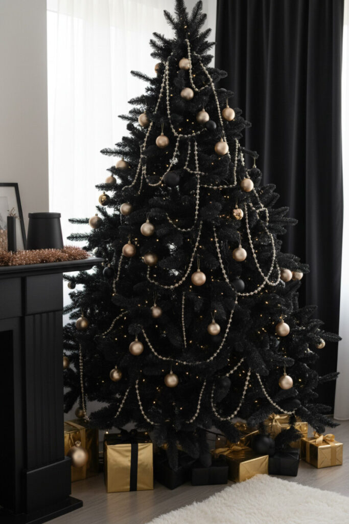 Matte-black tree with pearl bead garlands, champagne gold spheres, and stacked black-and-gold gifts—refined luxury black Christmas tree decorations.