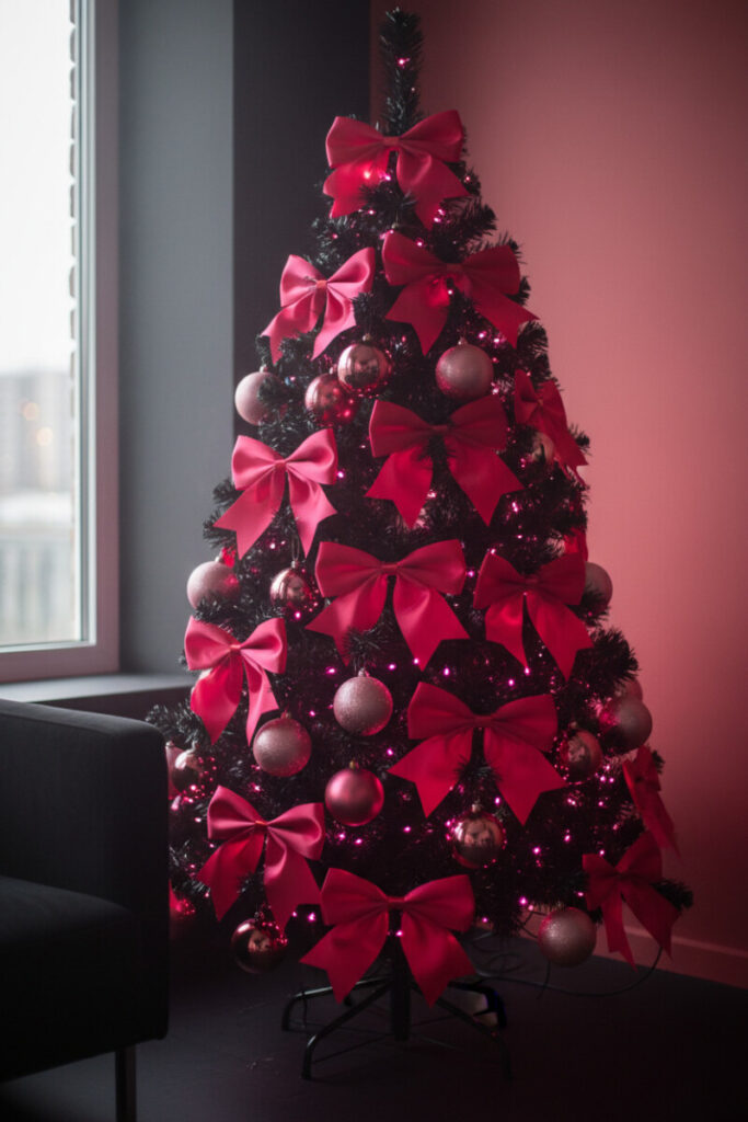 Black tree dressed with fuchsia satin bows, mauve ornaments, and magenta fairy lights—playful modern Christmas tree decor.