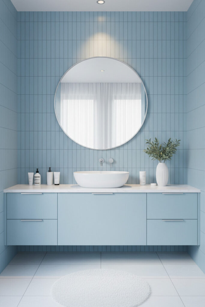 Minimalist powder room with baby blue fluted vertical tiles, low-profile matte vanity, oval vessel sink and circular mirror—Blue Bathroom Designs with modern blue bathroom decor.