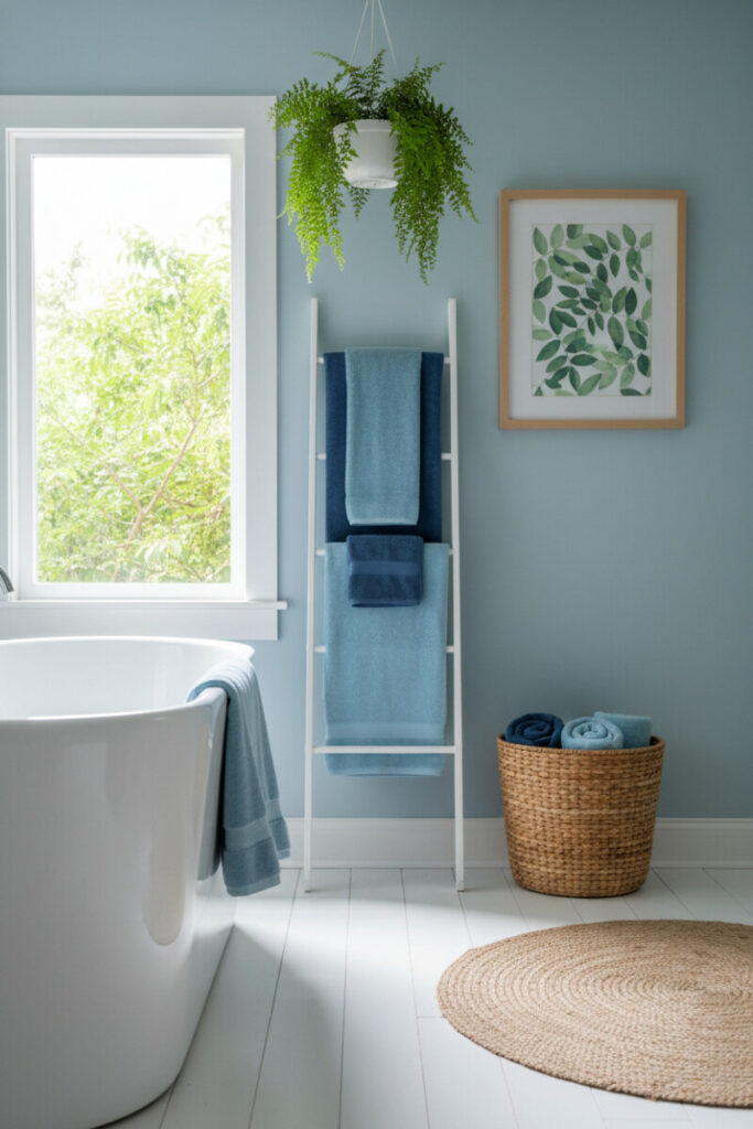 Powder blue room styled with a white ladder holding folded blue towels, wicker basket, and hanging fern—simple modern blue bathroom decor.