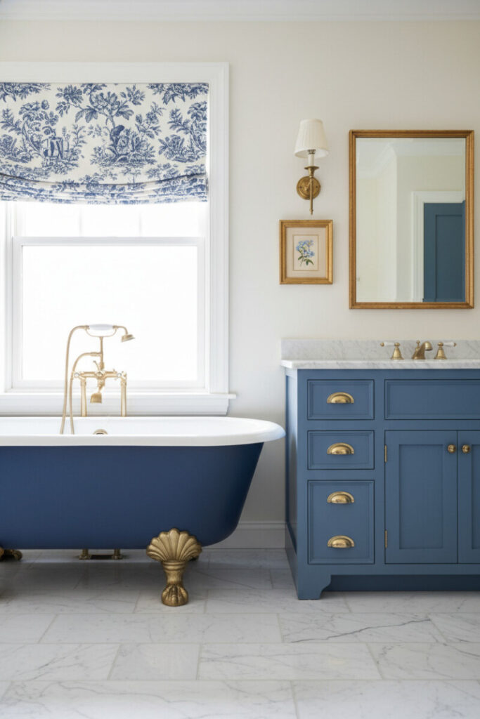Cobalt clawfoot tub with gold feet beneath a toile Roman shade, paired with brass hardware and marble—timeless Blue Bathroom Designs.