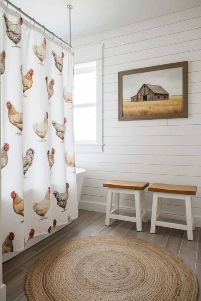 Modern farmhouse bath with white shiplap, chicken curtain, rustic barn art, jute rug—country-chic boys bathroom decor.