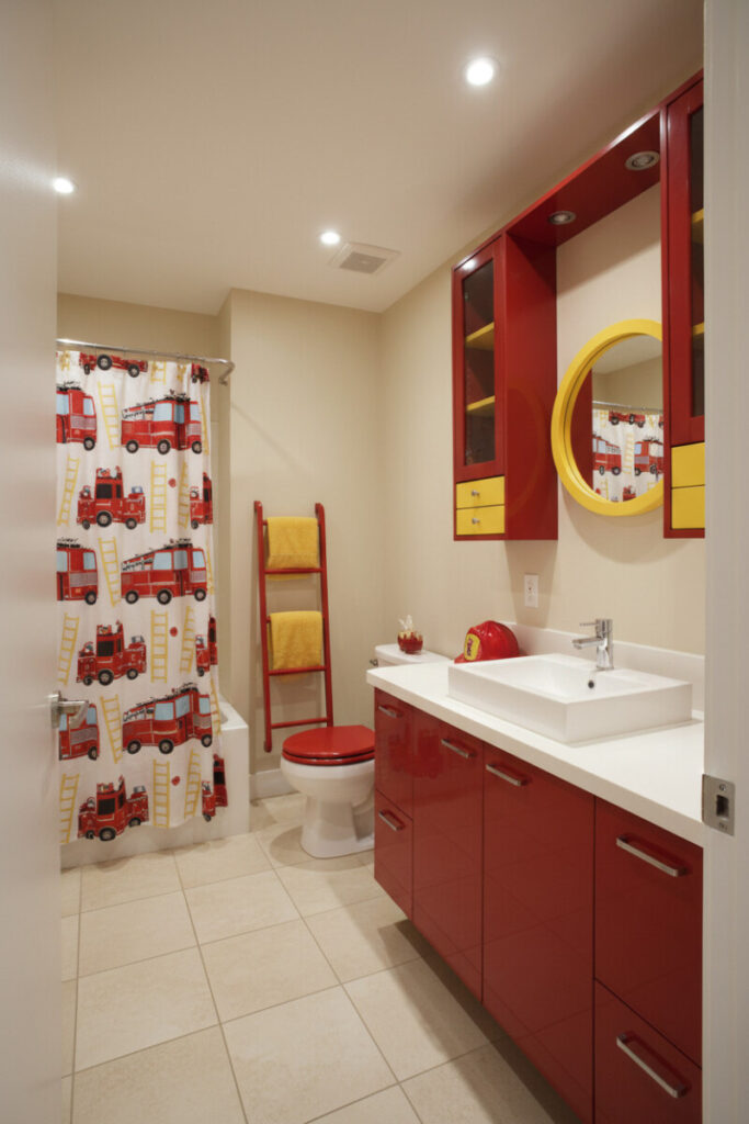 Firefighter-themed bath with red lacquer vanity, yellow accents, and cartoon fire-truck curtain—high-energy kids bathroom ideas.