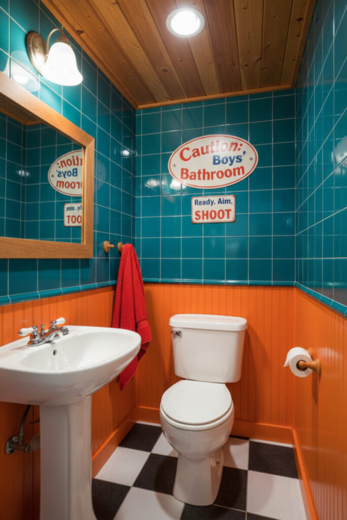 Glossy turquoise tile with tangerine wainscot, pine ceiling, retro joke signs above toilet—humorous small boys bathroom ideas, boys bathroom decor.