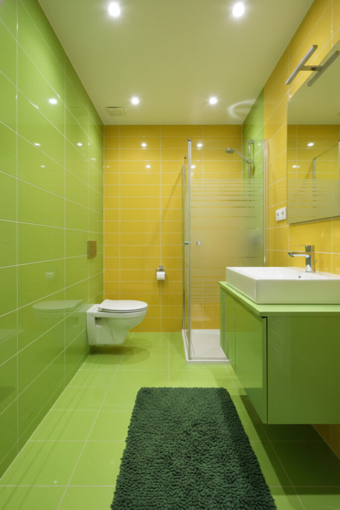 High-gloss lime-green and sunny yellow bath with floating toilet, apple-green vanity, emerald shag mat—bold Boys Bathroom Designs.