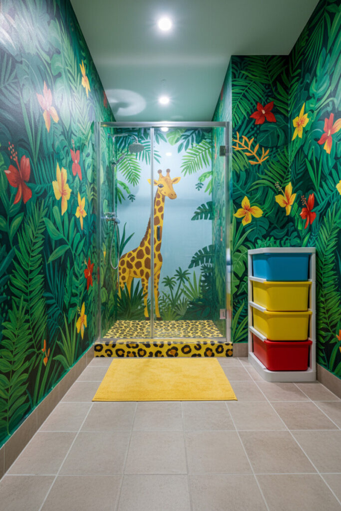 Jungle mural with emerald palms, cartoon giraffe in shower, cheetah-print floor and primary-color bins—vivid boys bathroom decor.