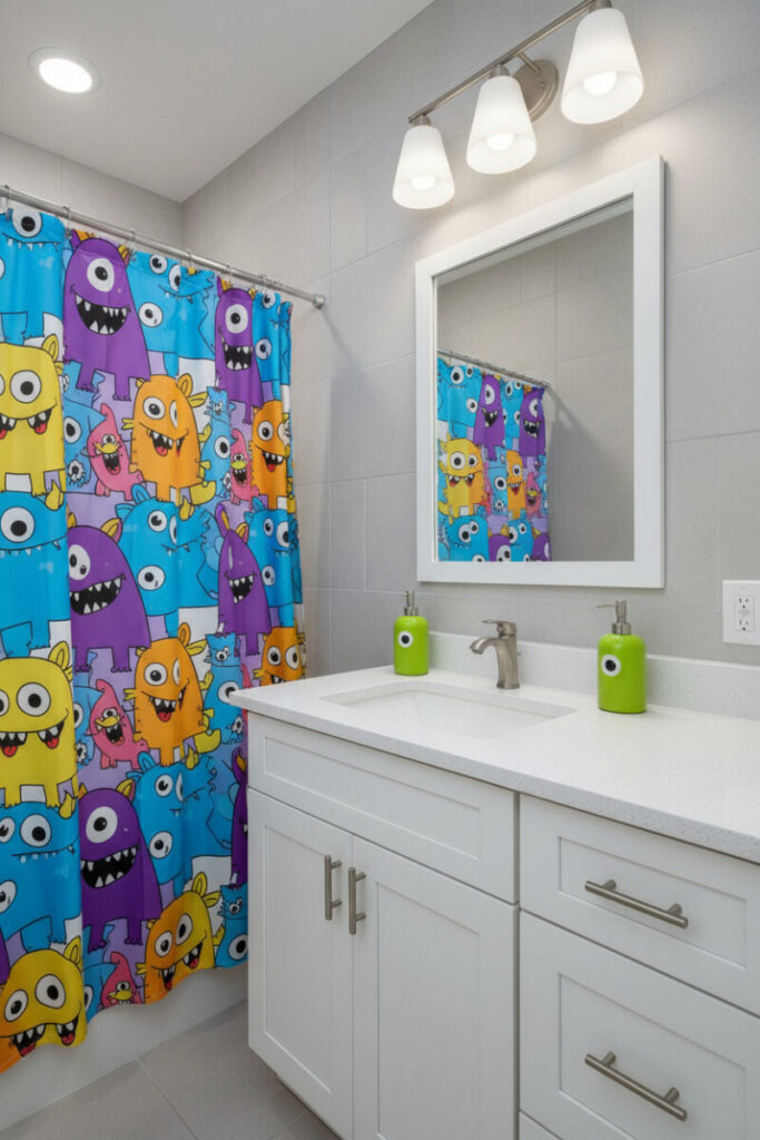 Neutral bath with monster curtain in bright bands and lime one-eyed soap pumps—playful kids bathroom ideas.