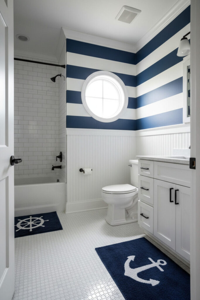 Crisp beadboard with bold navy stripes, porthole window, black hardware, anchor and wheel mats—classic nautical boys bathroom theme, Boys Bathroom Designs.