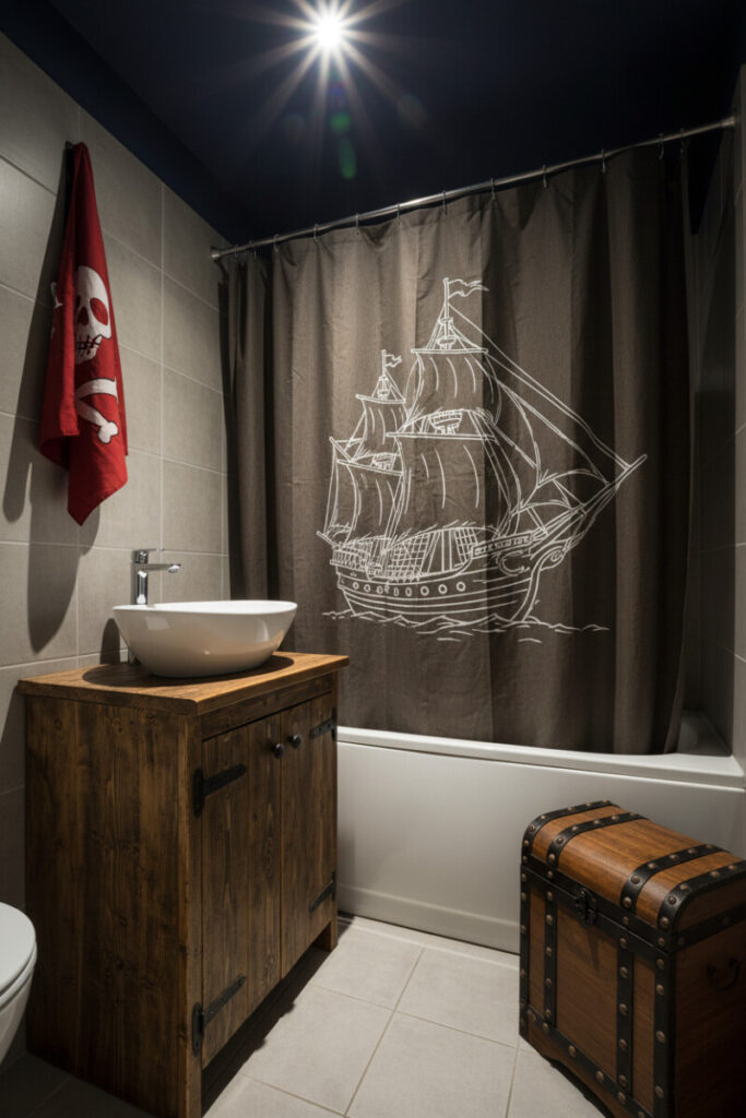 Pirate adventure bath with dark wood vanity, vessel sink, treasure chest, Jolly Roger flag, ghost ship curtain—theatrical boys bathroom decor.