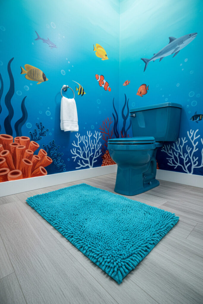 Playful underwater mural with coral, fish, and peacock-blue toilet, plush turquoise mat—colorful boys bathroom decor.