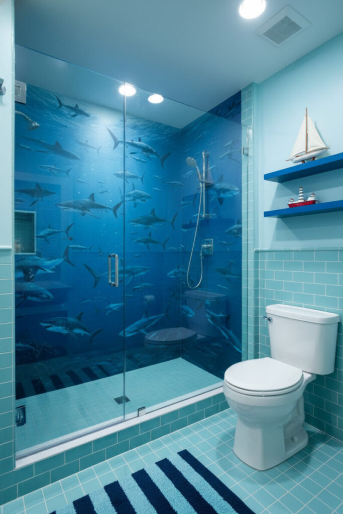 Frameless shower with deep-cerulean shark wallpaper, turquoise tile and navy striped rug—fun nautical boys bathroom theme, kid-friendly kids bathroom ideas.