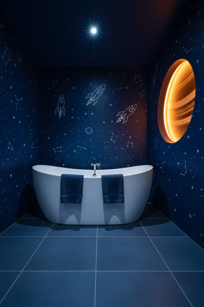Indigo space bath with rockets and constellations, matte white soaking tub, glowing circular wall light—moody Boys Bathroom Designs.