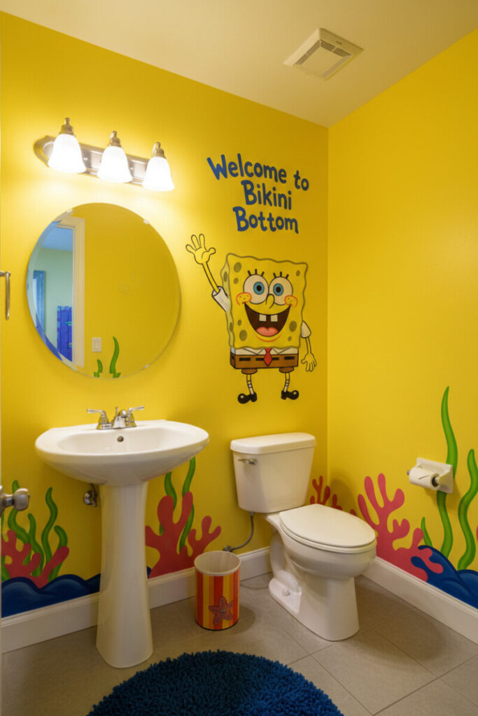 Electric-yellow SpongeBob mural with coral accents, white pedestal sink, round royal-blue rug—cartoon-bright boys bathroom decor.