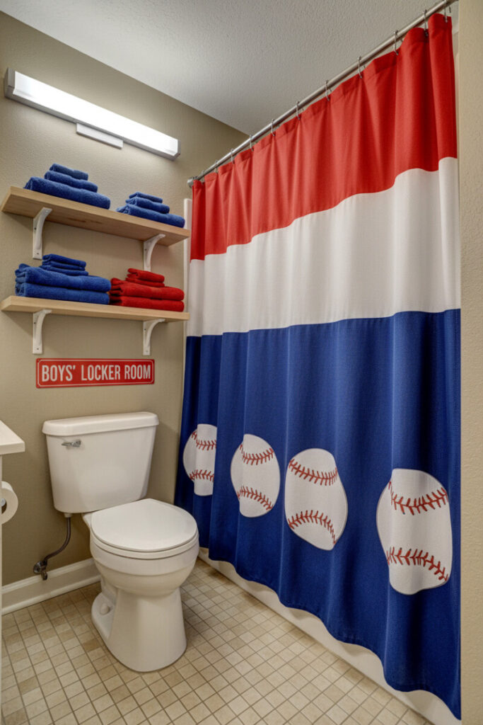 Locker-room bathroom with red/white/blue baseball curtain, stacked towels on low shelves, buff floor tile—practical small boys bathroom ideas.